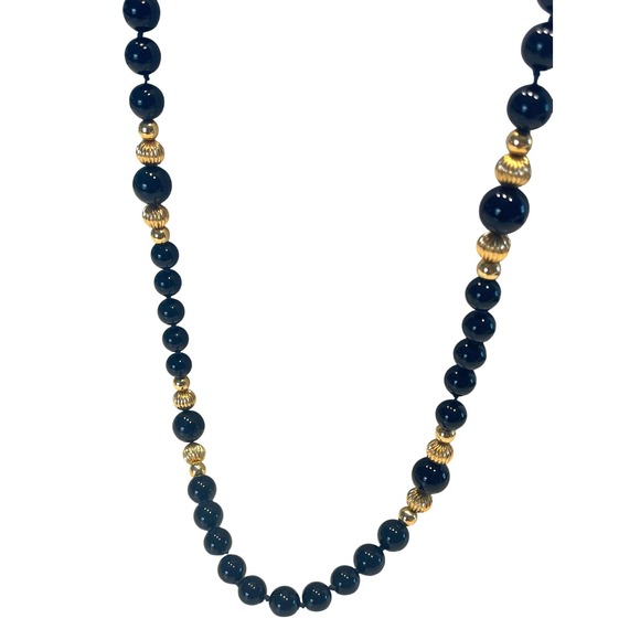 Vintage 30" Black Onyx Bead Necklace w/14K Gold Beads & Clasp 75g Estate Jewelry - Picture 2 of 6